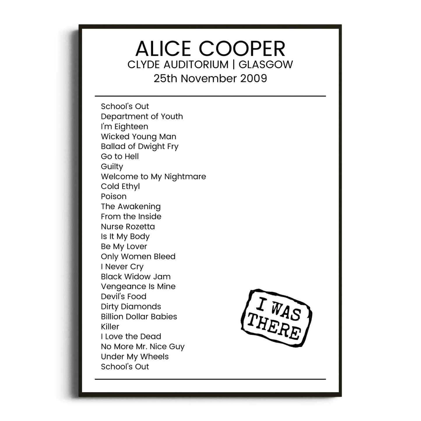 Alice Cooper Glasgow 25 November 2009 Setlist Poster