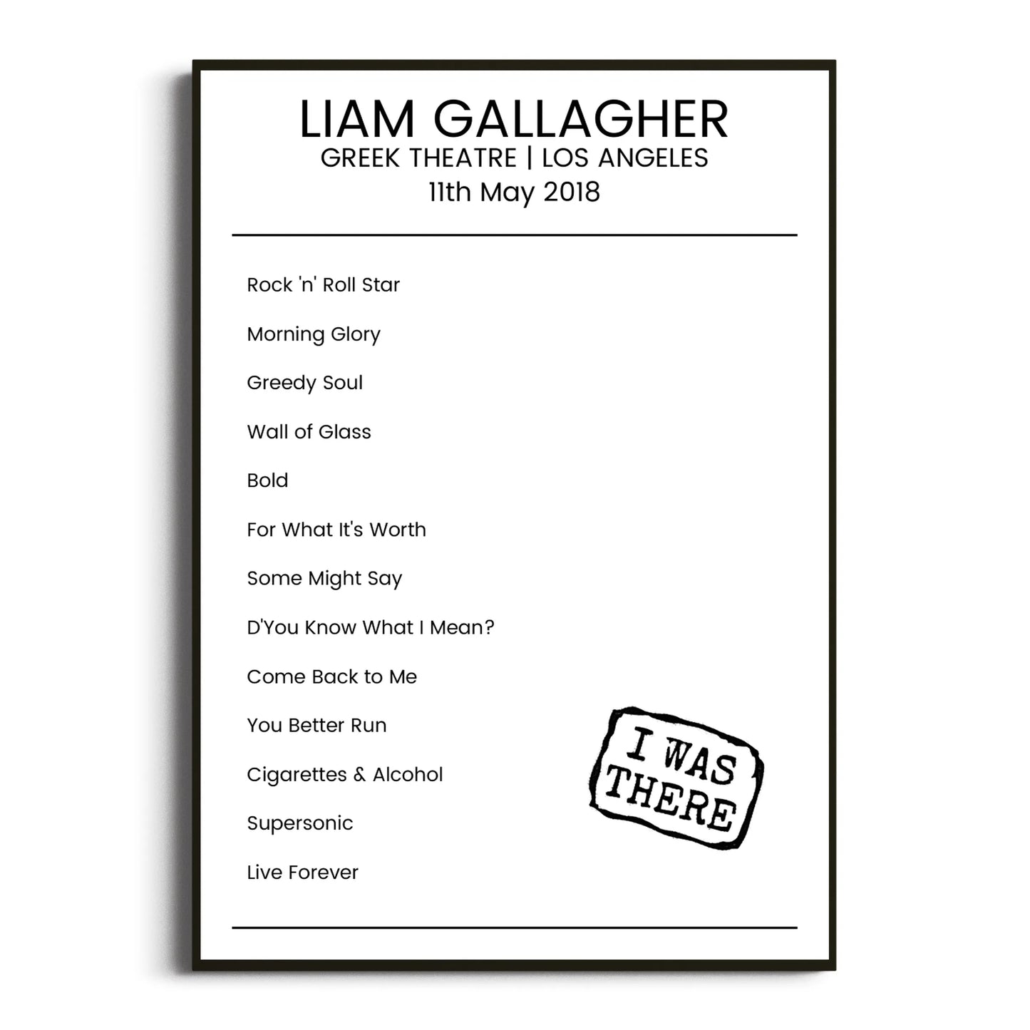 Liam Gallagher Los Angeles 11 May 2018 Setlist Poster