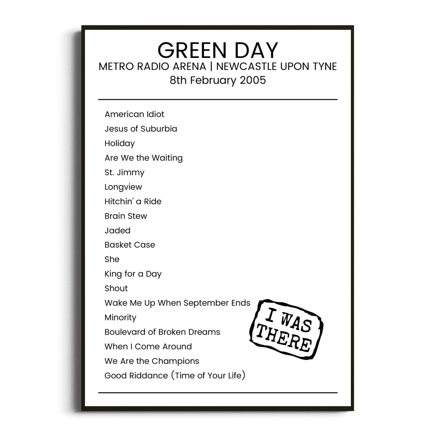 Green Day Newcastle upon Tyne 08 February 2005 Setlist Poster