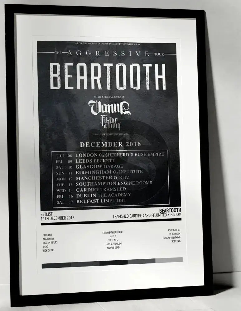 Beartooth Aggressive TramShed Cardiff Cardiff 14th December 2016 - Setlist Tour Poster - Setlist