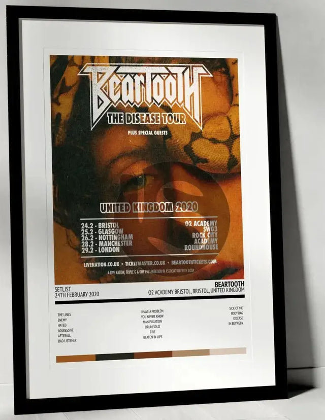 Beartooth The Disease Tour O2 Academy Bristol Bristol 24th February 2020 - Setlist Tour Poster - Setlist