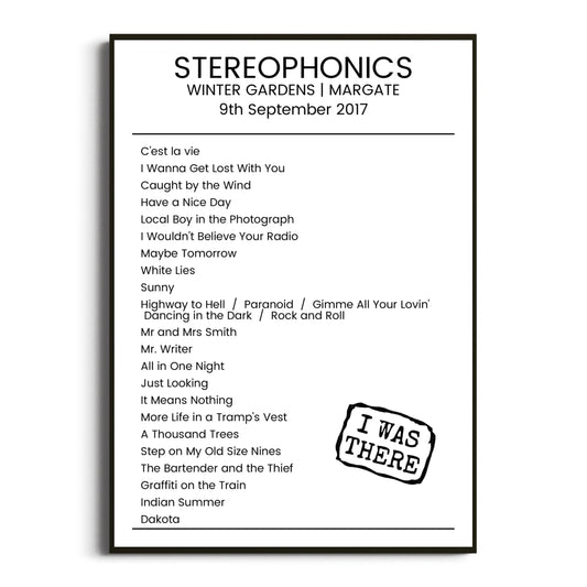 Stereophonics Margate 09 September 2017 Setlist Poster