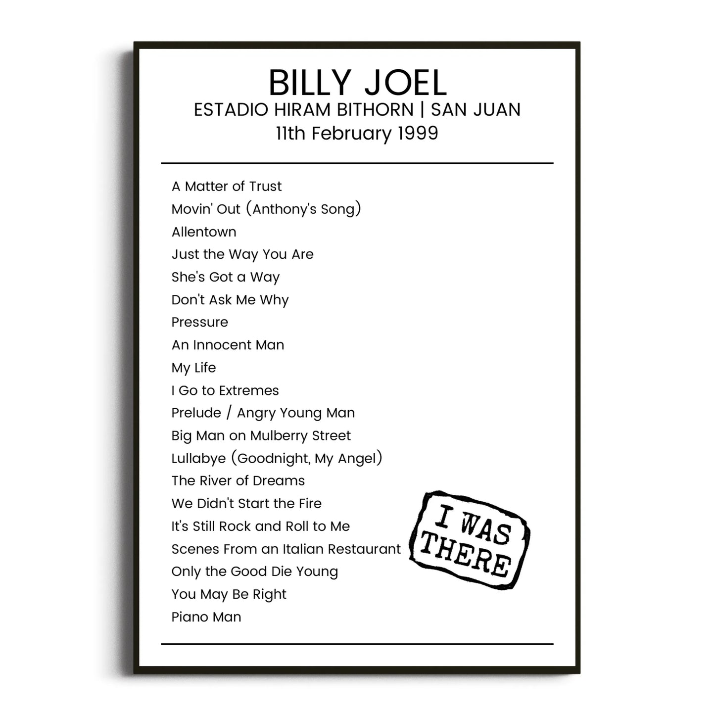 Billy Joel San Juan 11 February 1999 Setlist Poster