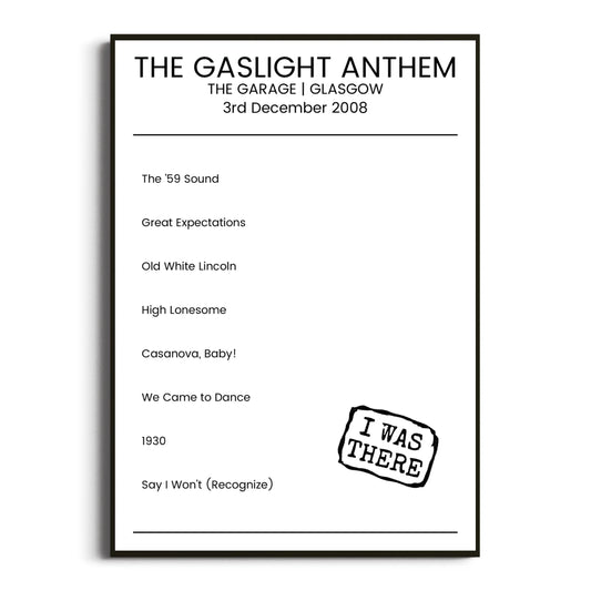 The Gaslight Anthem Glasgow 03 December 2008 Setlist Poster