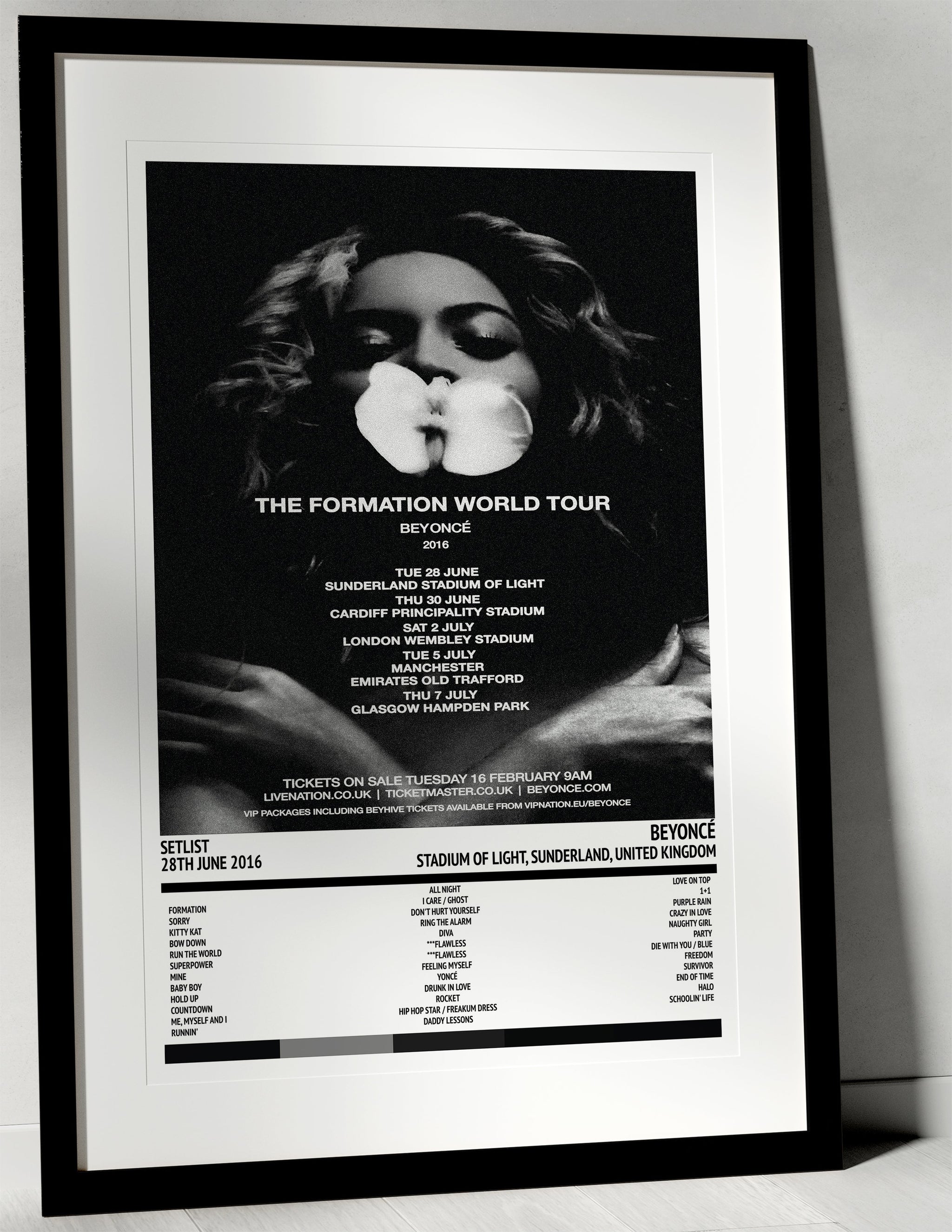 Beyoncé The Formation World Tour Stadium of Light Sunderland 28th June 2016 - Setlist Tour Poster - Setlist