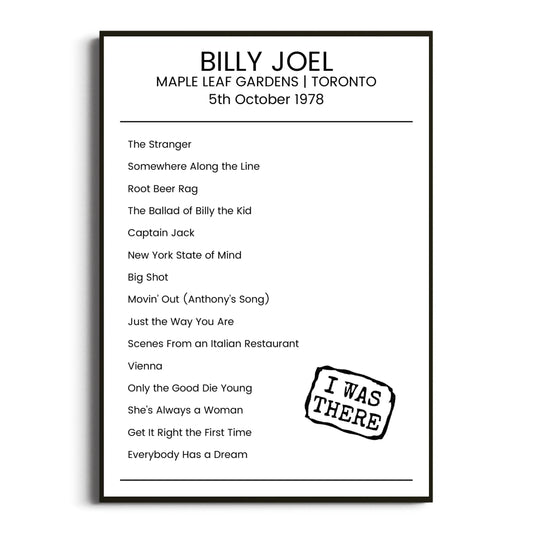 Billy Joel Toronto 05 October 1978 Setlist Poster