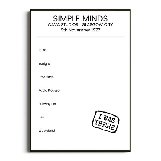 Simple Minds Glasgow City 09 November 1977 Setlist Poster