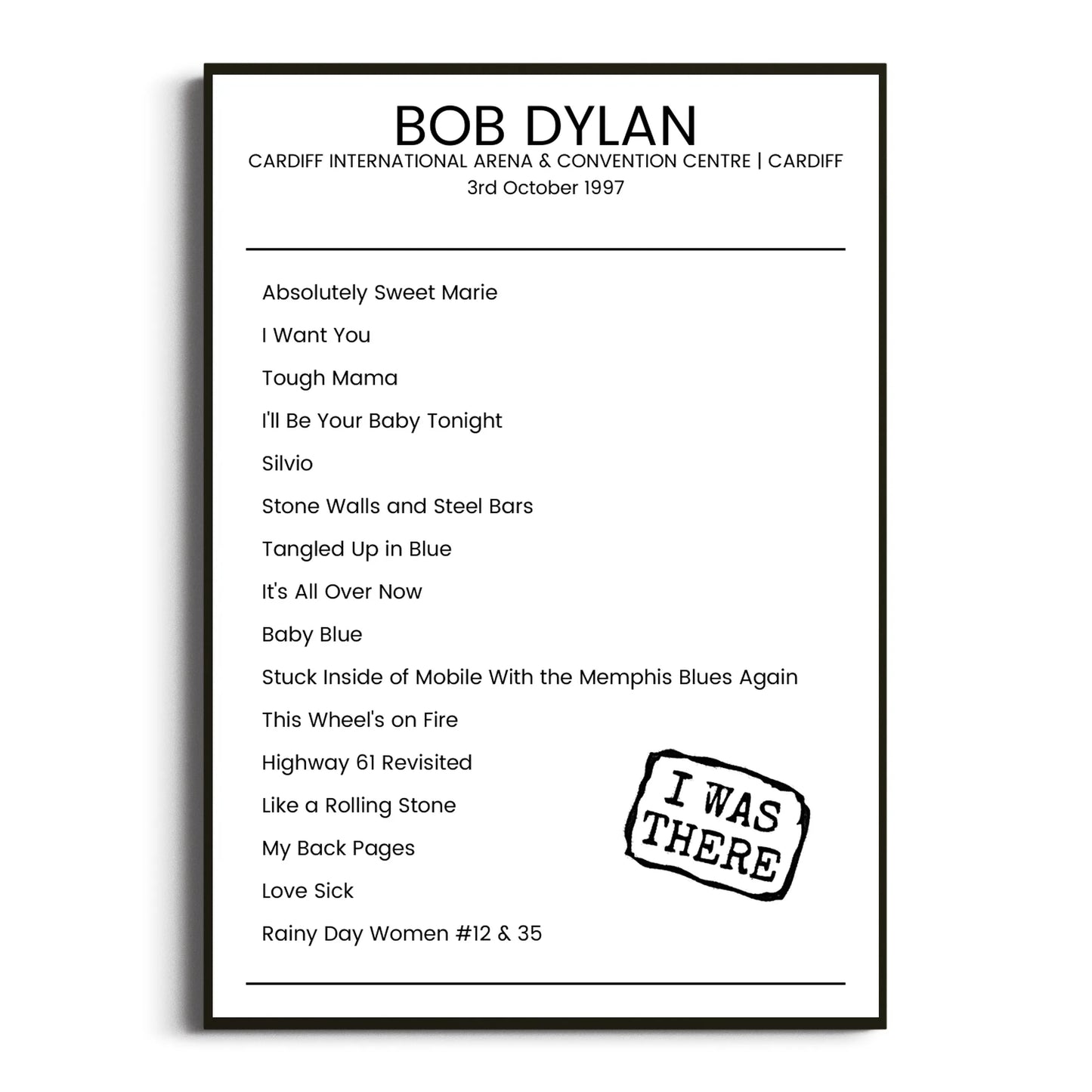 Bob Dylan Cardiff 03 October 1997 Setlist Poster