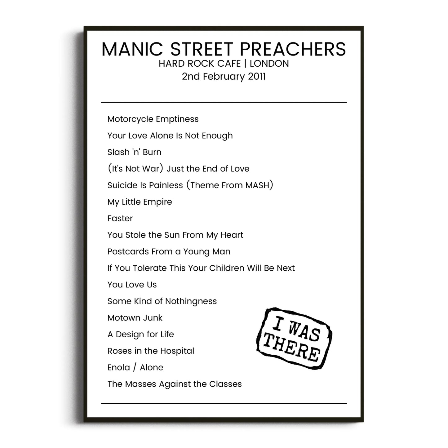 Manic Street Preachers London 02 February 2011 Setlist Poster