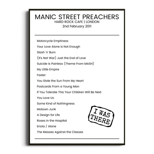 Manic Street Preachers London 02 February 2011 Setlist Poster