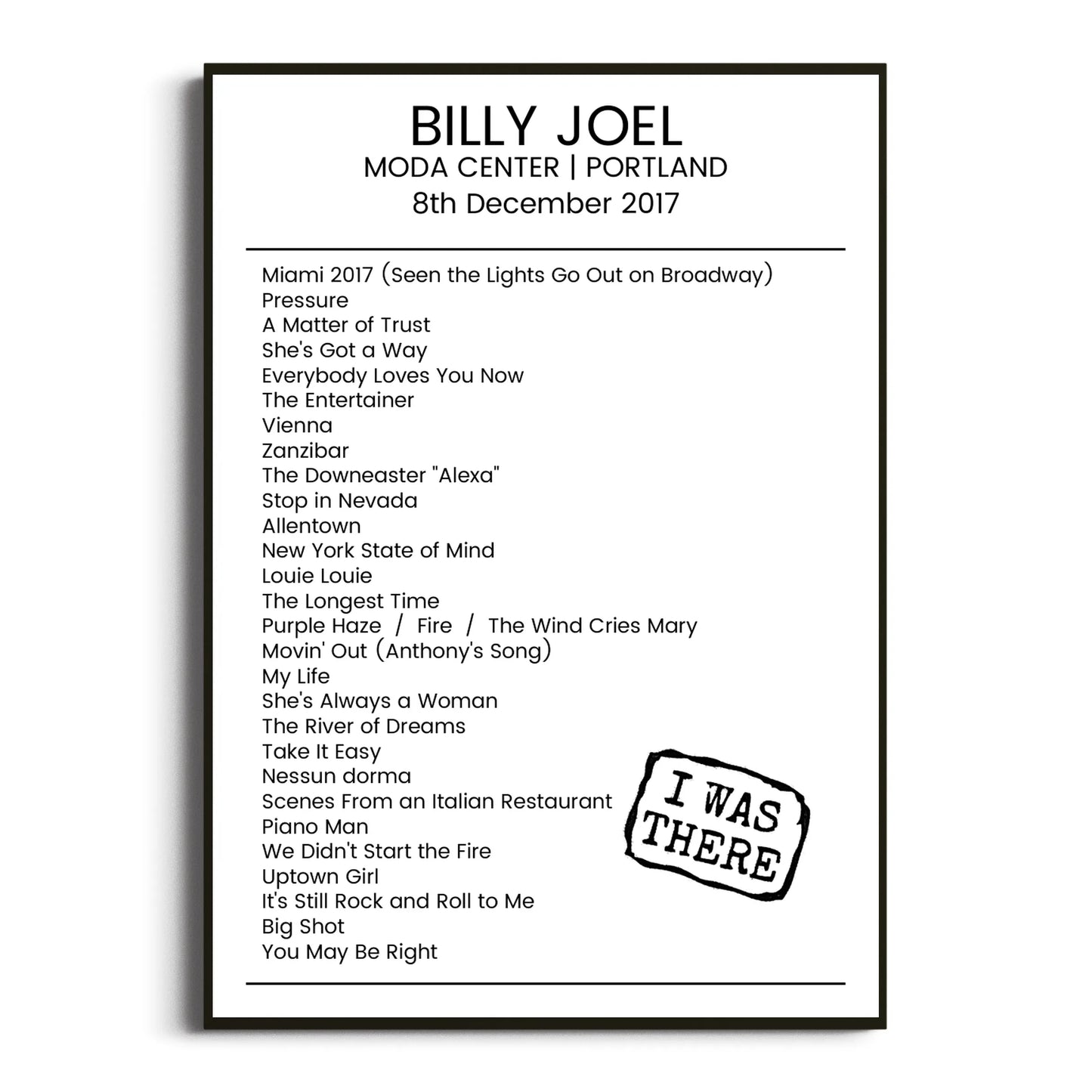 Billy Joel Portland 08 December 2017 Setlist Poster