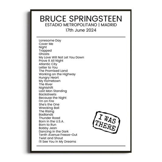 Bruce Springsteen Madrid 17 June 2024 Setlist Poster