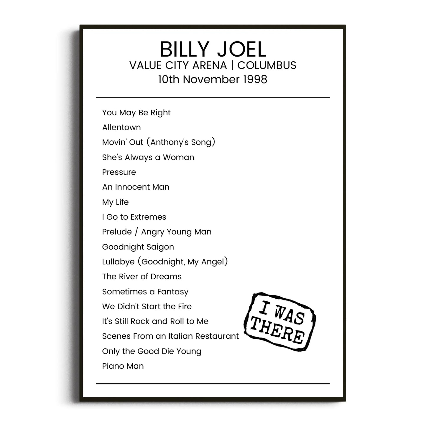 Billy Joel Columbus 10 November 1998 Setlist Poster