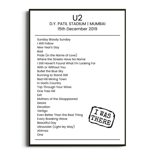 U2 Mumbai 15 December 2019 Setlist Poster