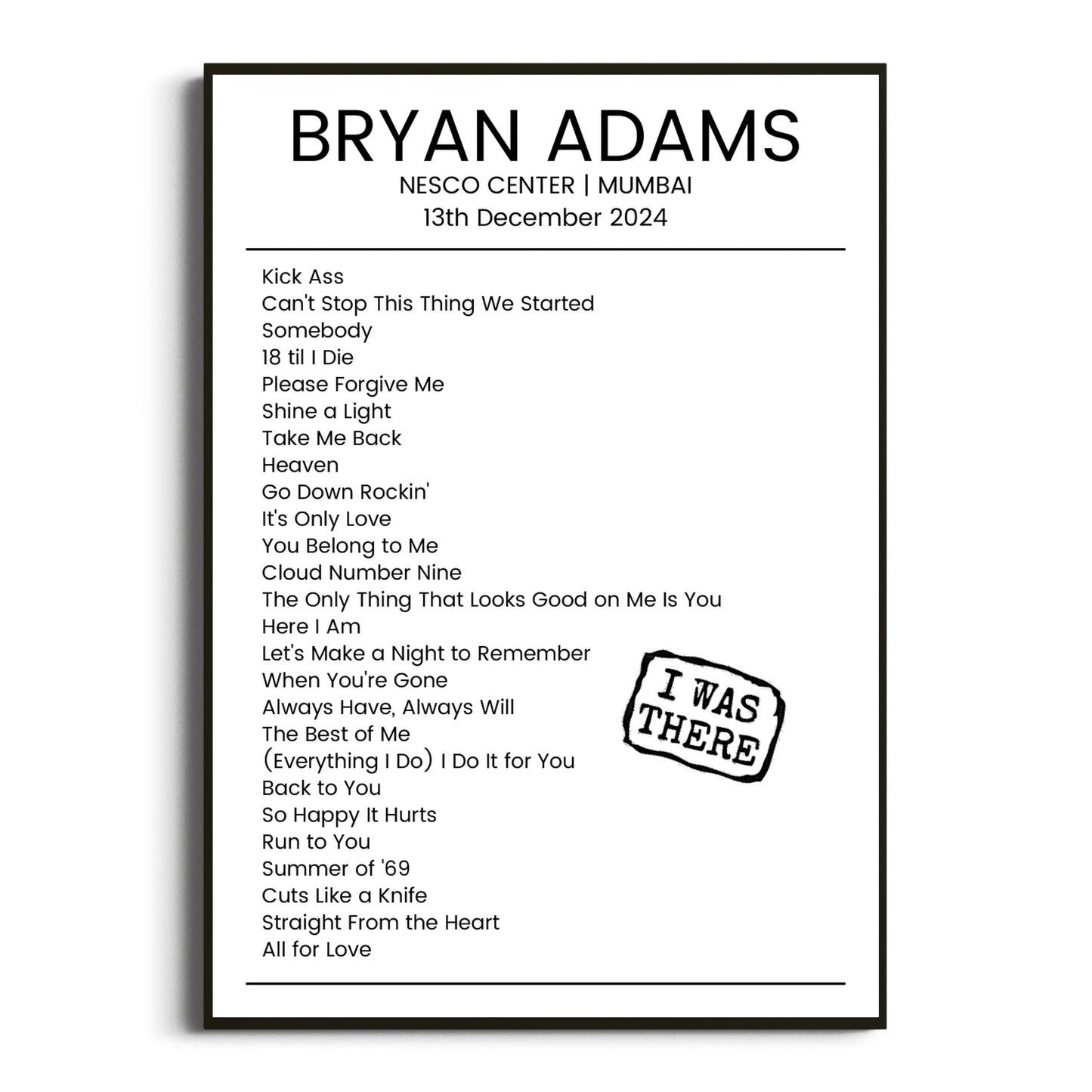 Bryan Adams Mumbai 13 December 2024 Setlist Poster