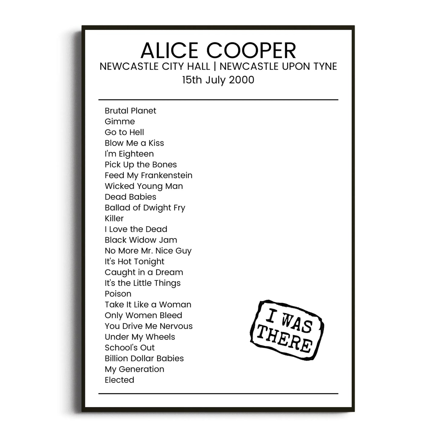 Alice Cooper Newcastle upon Tyne 15 July 2000 Setlist Poster