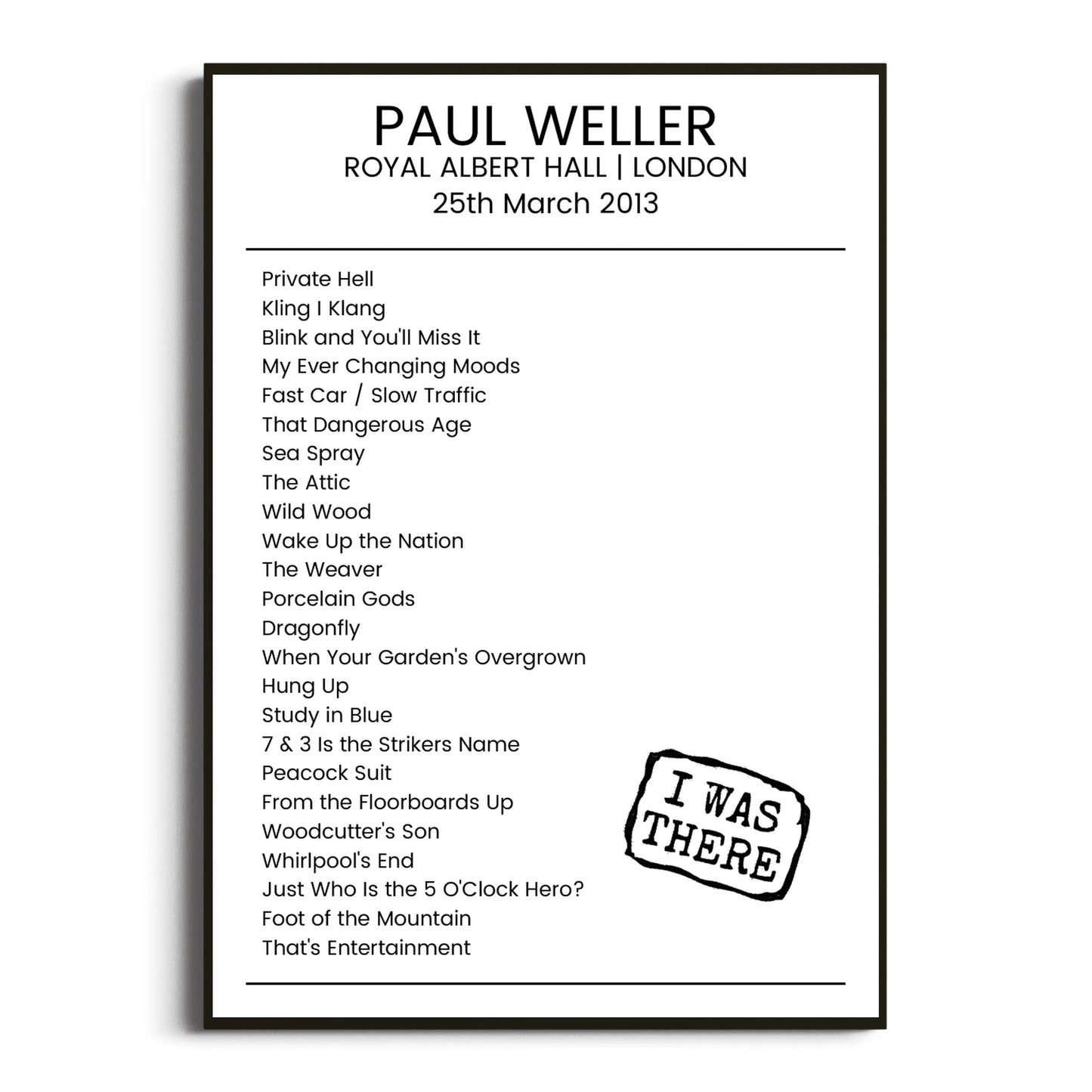 Paul Weller London 25 March 2013 Setlist Poster