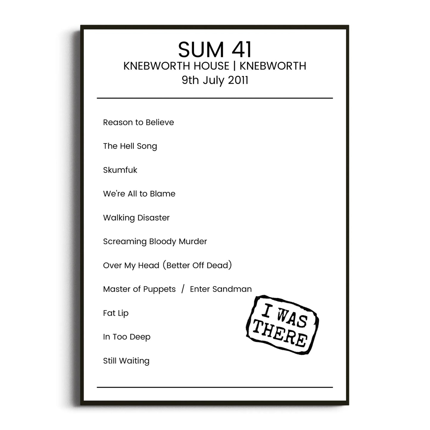 Sum 41 Knebworth 09 July 2011 Setlist Poster