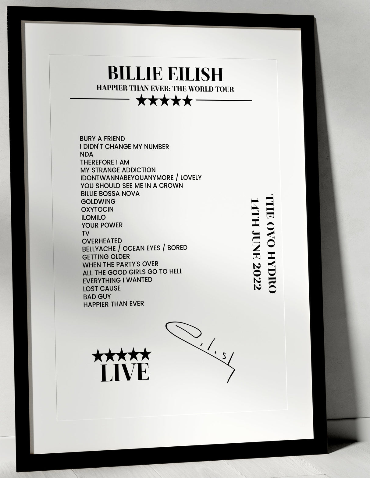 Billie Eilish 14th June 2022 The OVO Hydro Glasgow Setlist Poster - Setlist