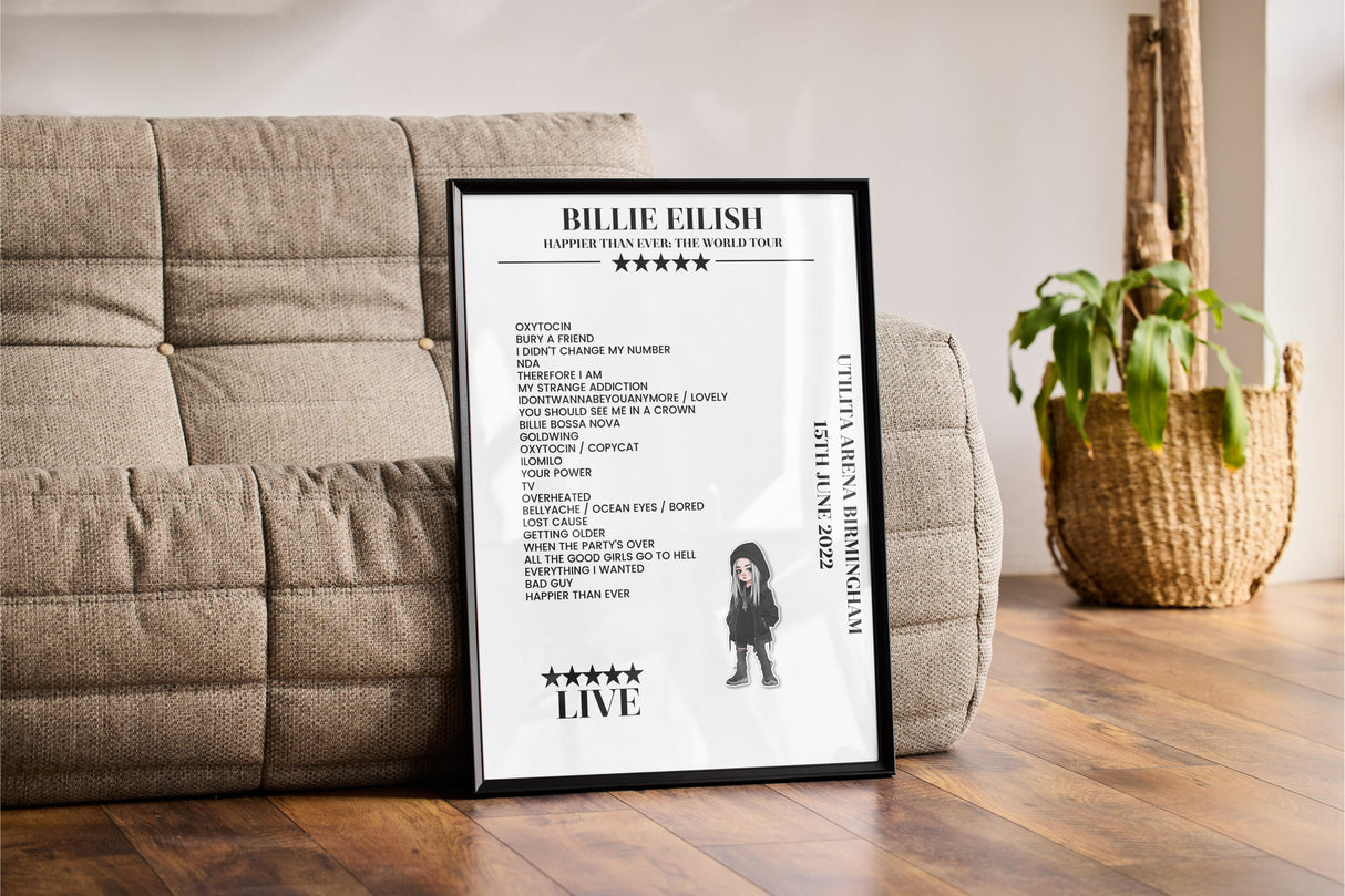 Billie Eilish 15th June 2022 Utilita Arena Birmingham Birmingham Setlist Poster - Setlist