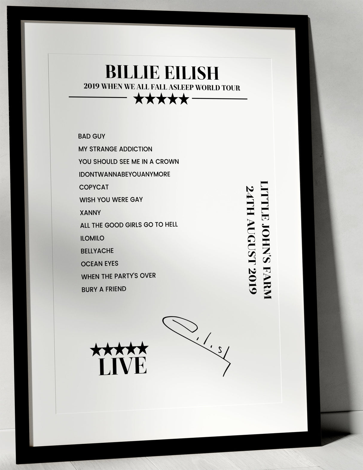 Billie Eilish 24th August 2019 Little John's Farm Reading Setlist Poster - Setlist