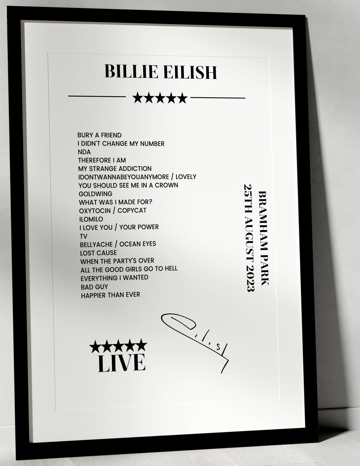 Billie Eilish 25th August 2023 Bramham Park Leeds Setlist Poster - Setlist