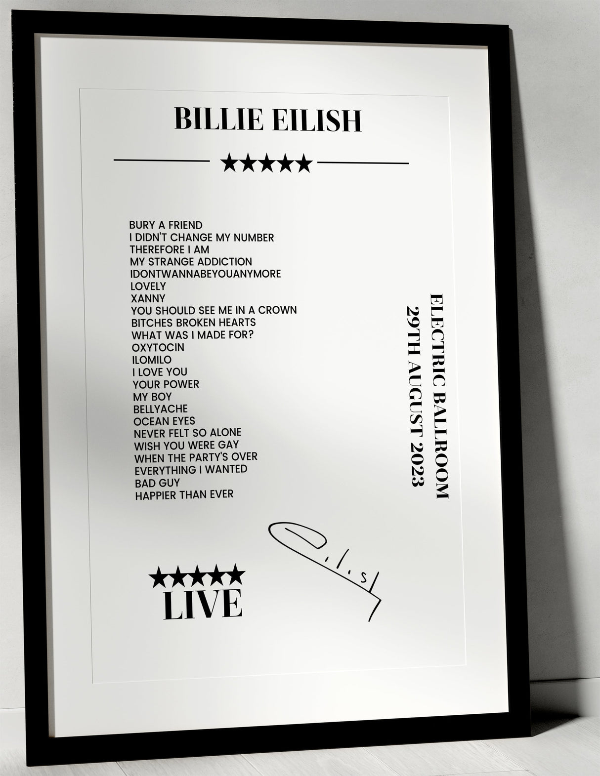 Billie Eilish 29th August 2023 Electric Ballroom London Setlist Poster - Setlist