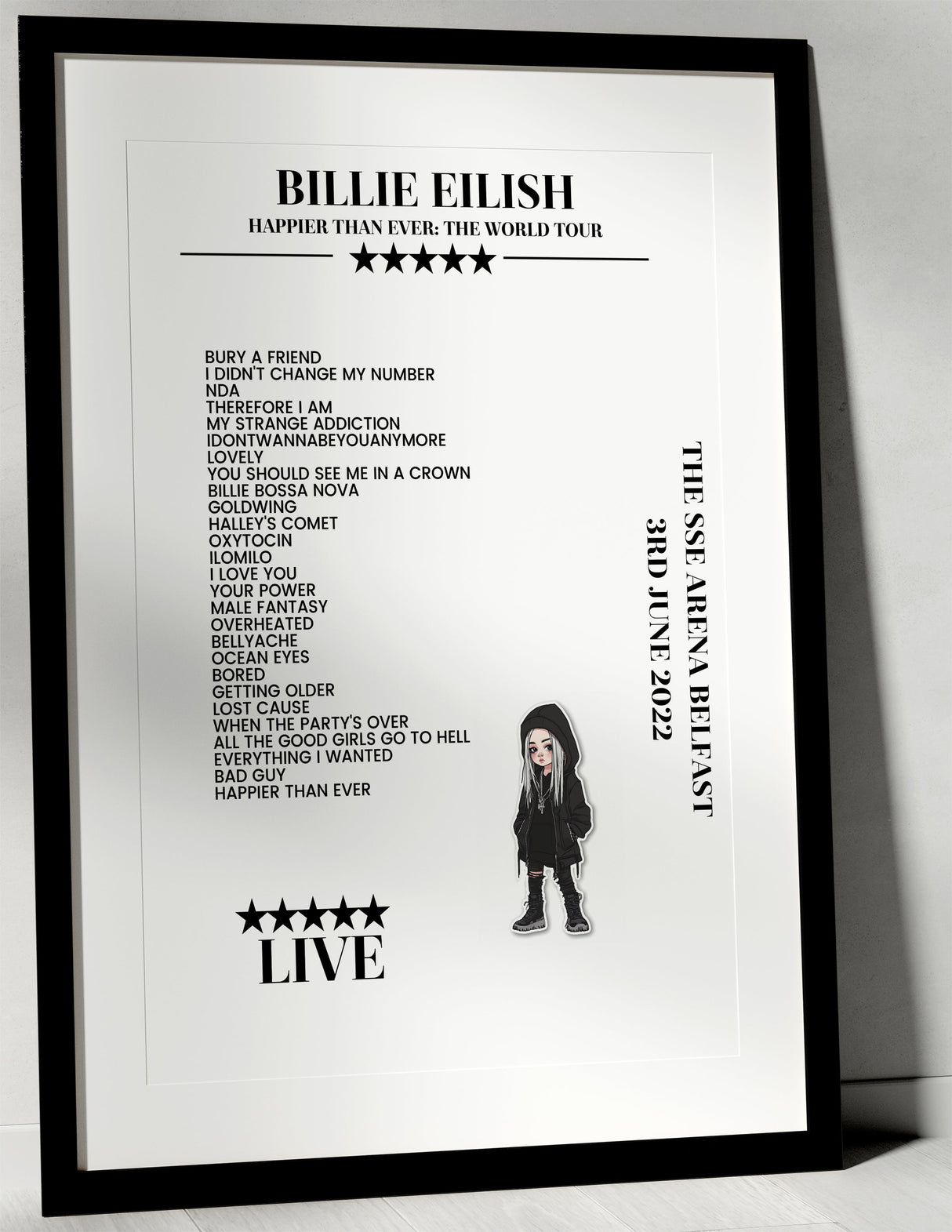 Billie Eilish 3rd June 2022 The SSE Arena Belfast Belfast Setlist Poster - Setlist