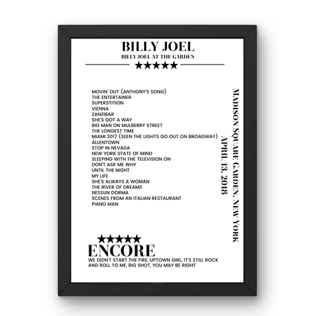 Billy Joel April 13, 2018 Madison Square Garden New York Setlist Poster - Setlist