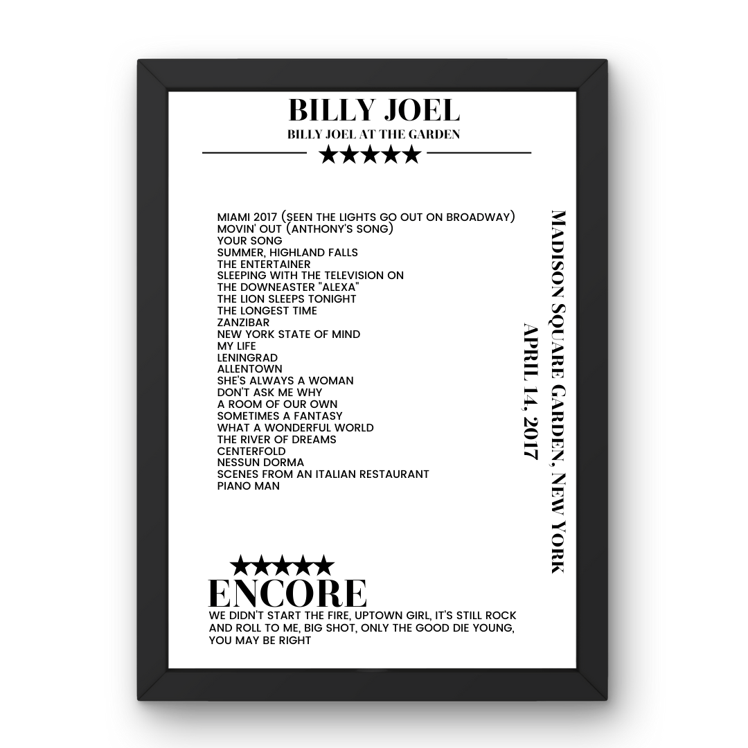 Billy Joel April 14, 2017 Madison Square Garden New York Setlist Poster - Setlist