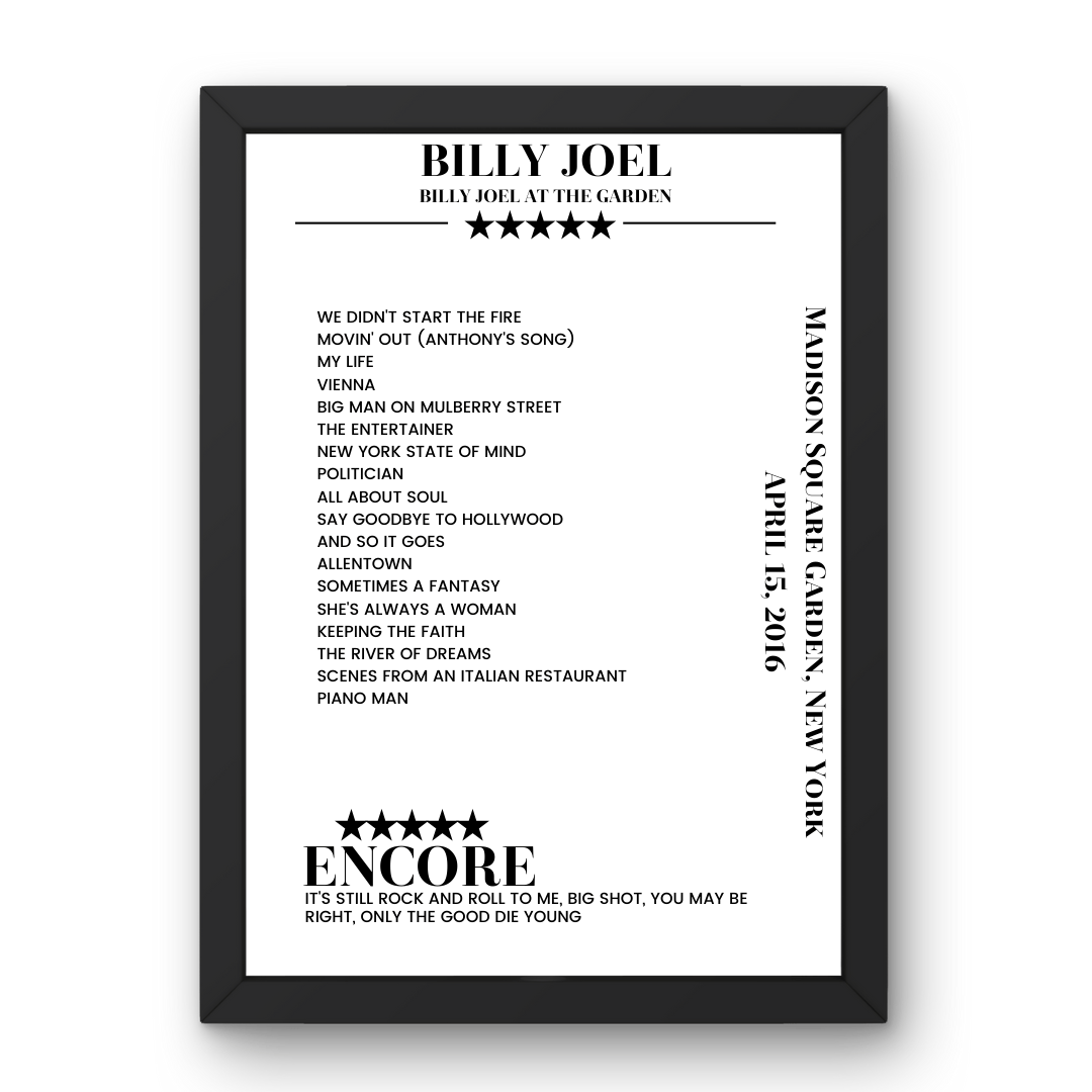 Billy Joel April 15, 2016 Madison Square Garden New York Setlist Poster - Setlist