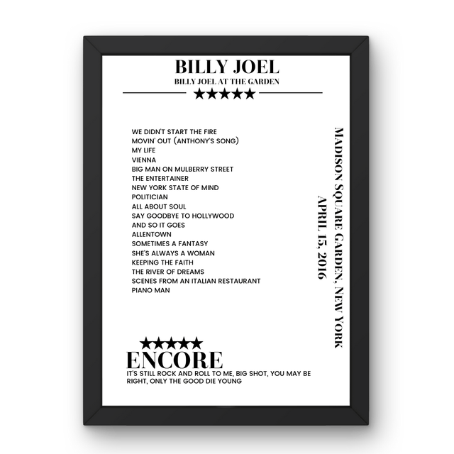 Billy Joel April 15, 2016 Madison Square Garden New York Setlist Poster - Setlist