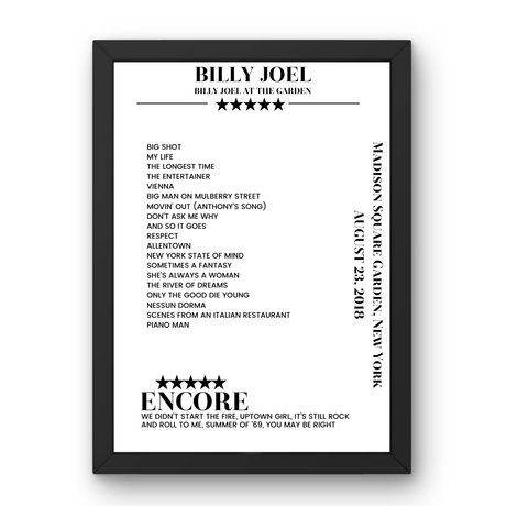 Billy Joel August 23, 2018 Madison Square Garden New York Setlist Poster - Setlist