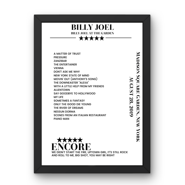 Billy Joel August 28, 2019 Madison Square Garden New York Setlist Poster - Setlist