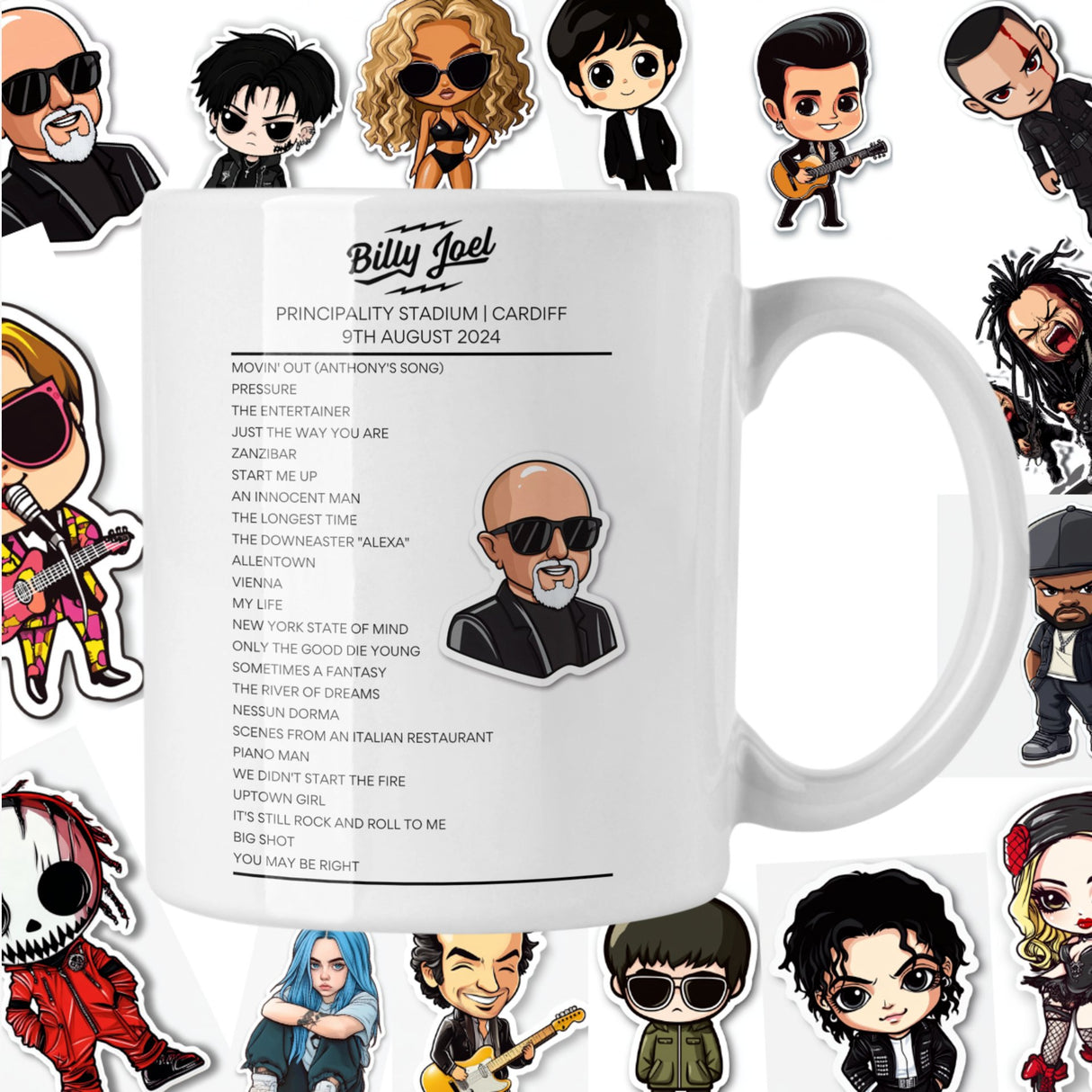 Billy Joel Cardiff August 2024 Setlist Mug Chibi Style!