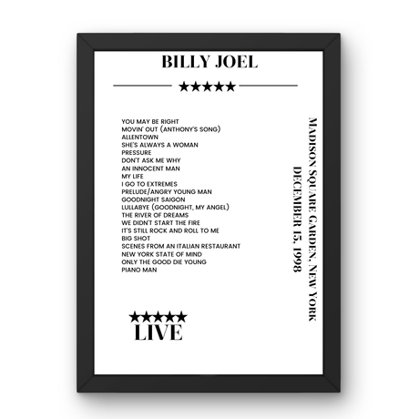 Billy Joel December 15, 1998 Madison Square Garden New York Setlist Poster - Setlist