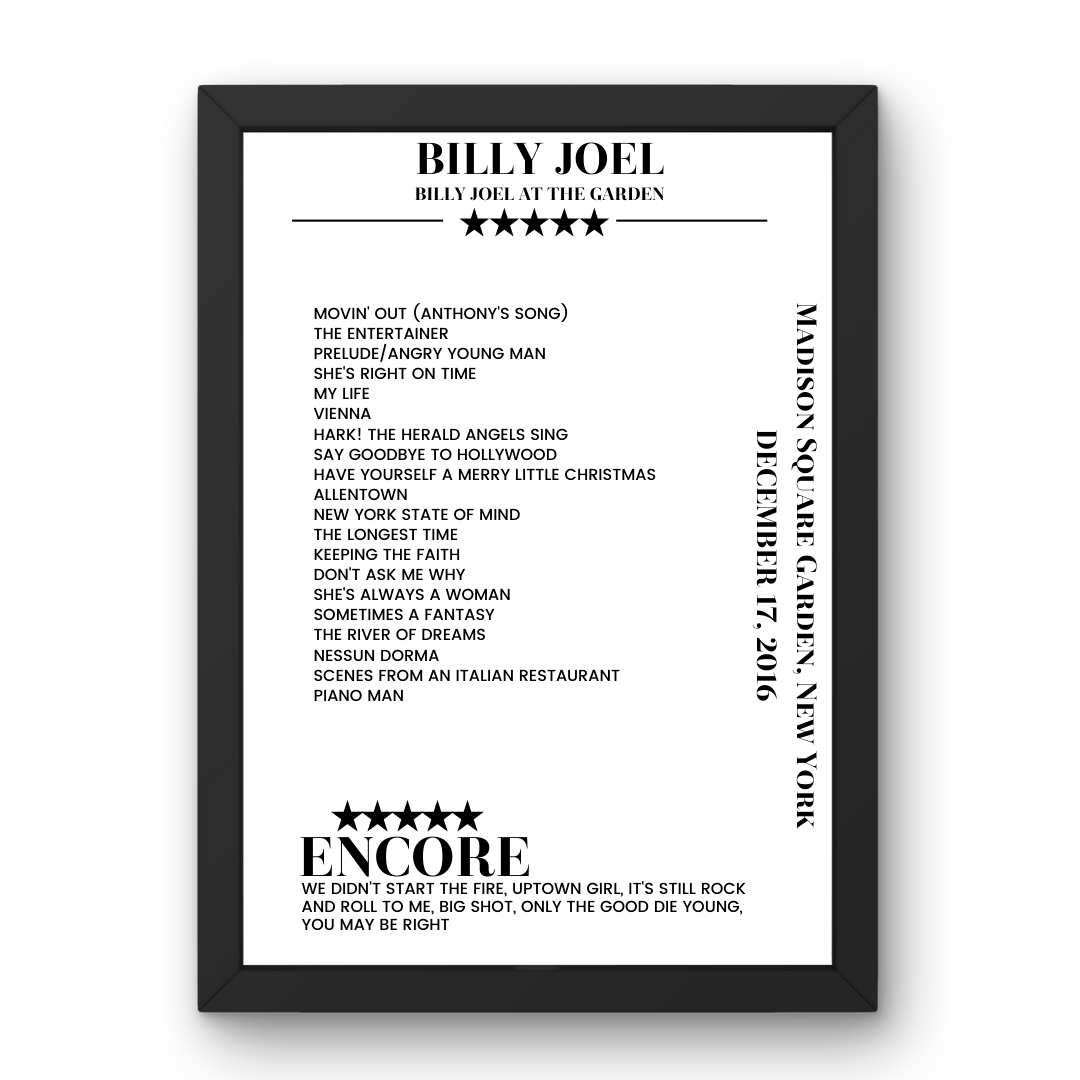 Billy Joel December 17, 2016 Madison Square Garden New York Setlist Poster - Setlist