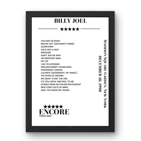 Billy Joel December 18, 1998 Madison Square Garden New York Setlist Poster - Setlist