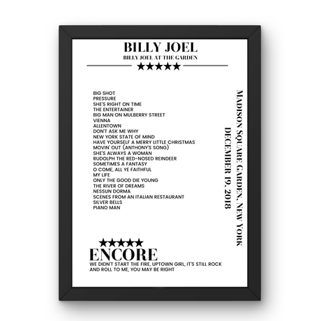 Billy Joel December 19, 2018 Madison Square Garden New York Setlist Poster - Setlist