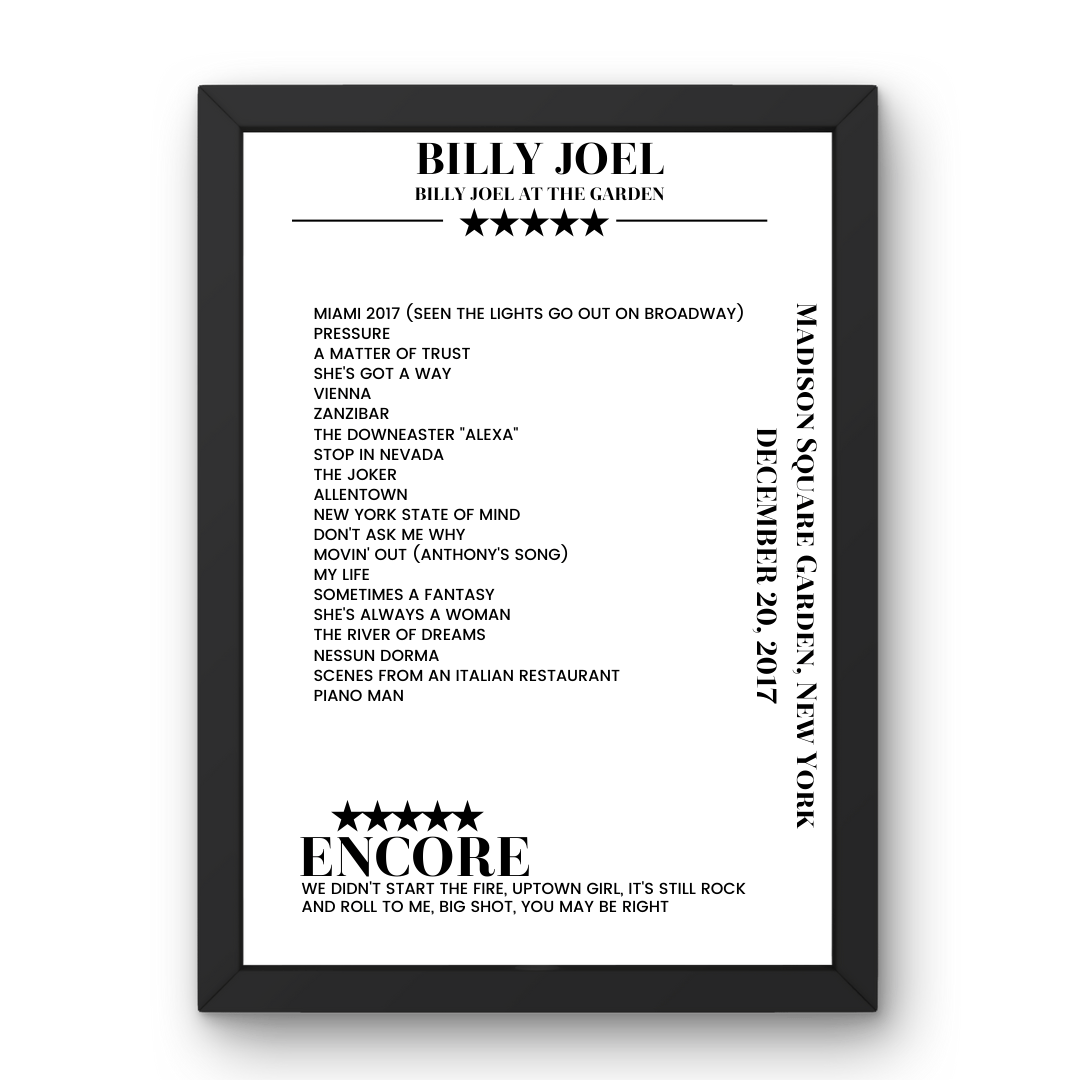 Billy Joel December 20, 2017 Madison Square Garden New York Setlist Poster - Setlist