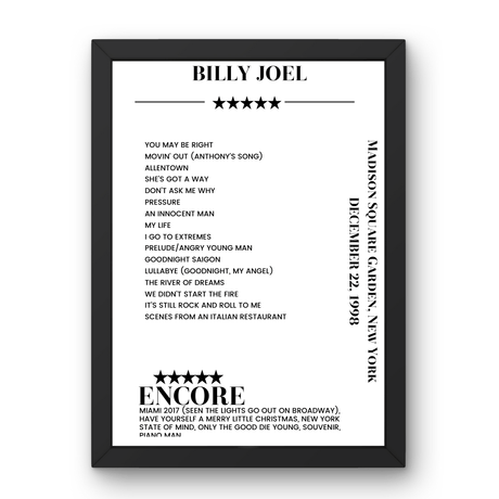 Billy Joel December 22, 1998 Madison Square Garden New York Setlist Poster - Setlist