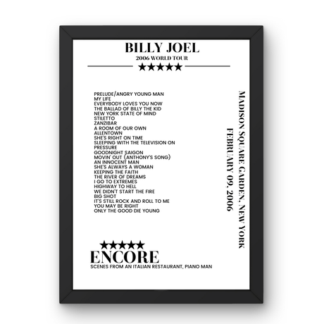 Billy Joel February 09, 2006 Madison Square Garden New York Setlist Poster - Setlist