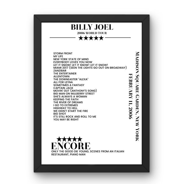 Billy Joel February 11, 2006 Madison Square Garden New York Setlist Poster - Setlist