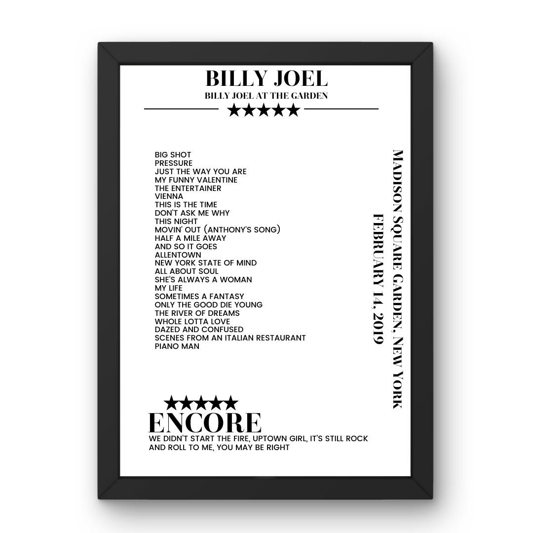 Billy Joel February 14, 2019 Madison Square Garden New York Setlist Poster - Setlist