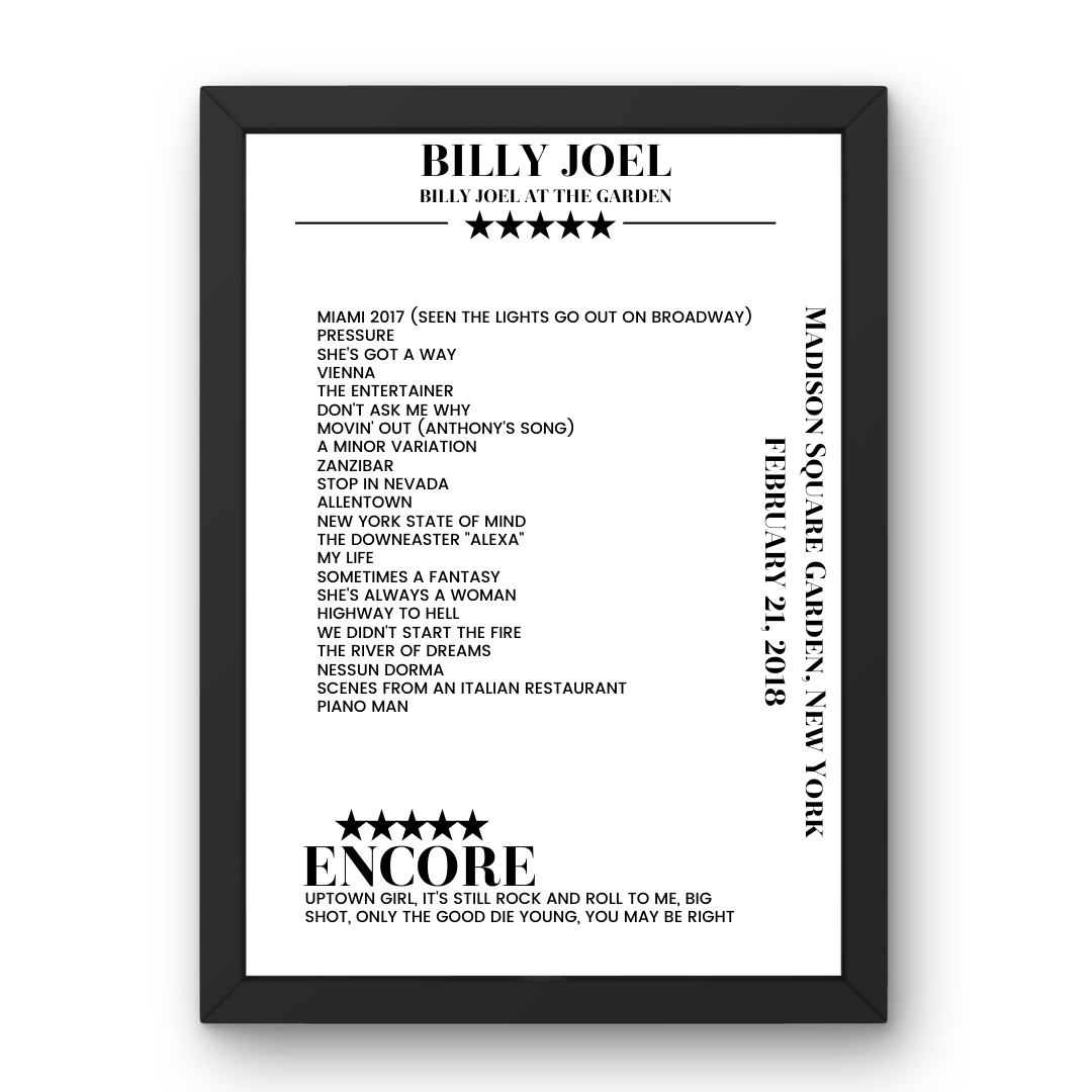 Billy Joel February 21, 2018 Madison Square Garden New York Setlist Poster - Setlist