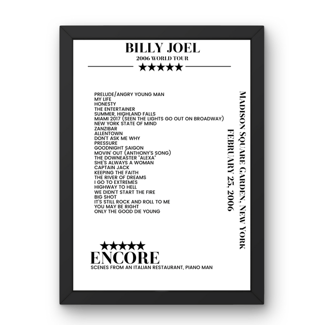 Billy Joel February 25, 2006 Madison Square Garden New York Setlist Poster - Setlist