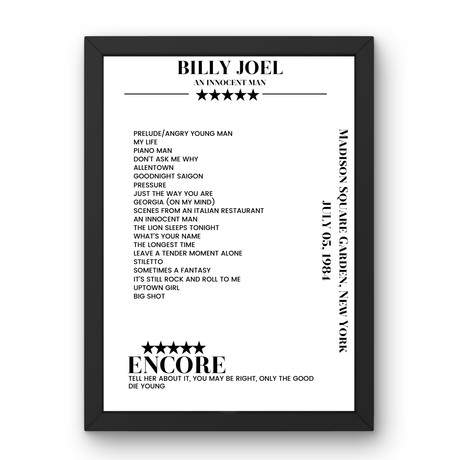 Billy Joel July 05, 1984 Madison Square Garden New York Setlist Poster - Setlist