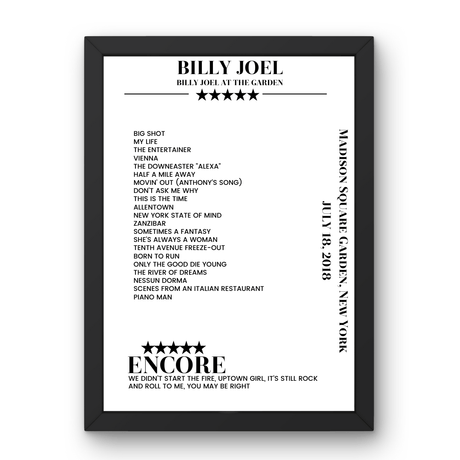 Billy Joel July 18, 2018 Madison Square Garden New York Setlist Poster - Setlist