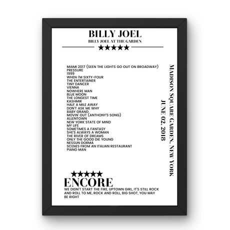 Billy Joel June 02, 2018 Madison Square Garden New York Setlist Poster - Setlist