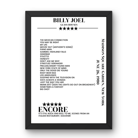 Billy Joel June 26, 1980 Madison Square Garden New York Setlist Poster - Setlist